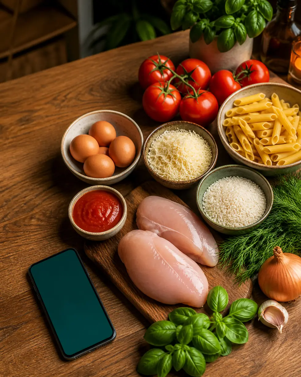 Продукты на столе и телефон рядом